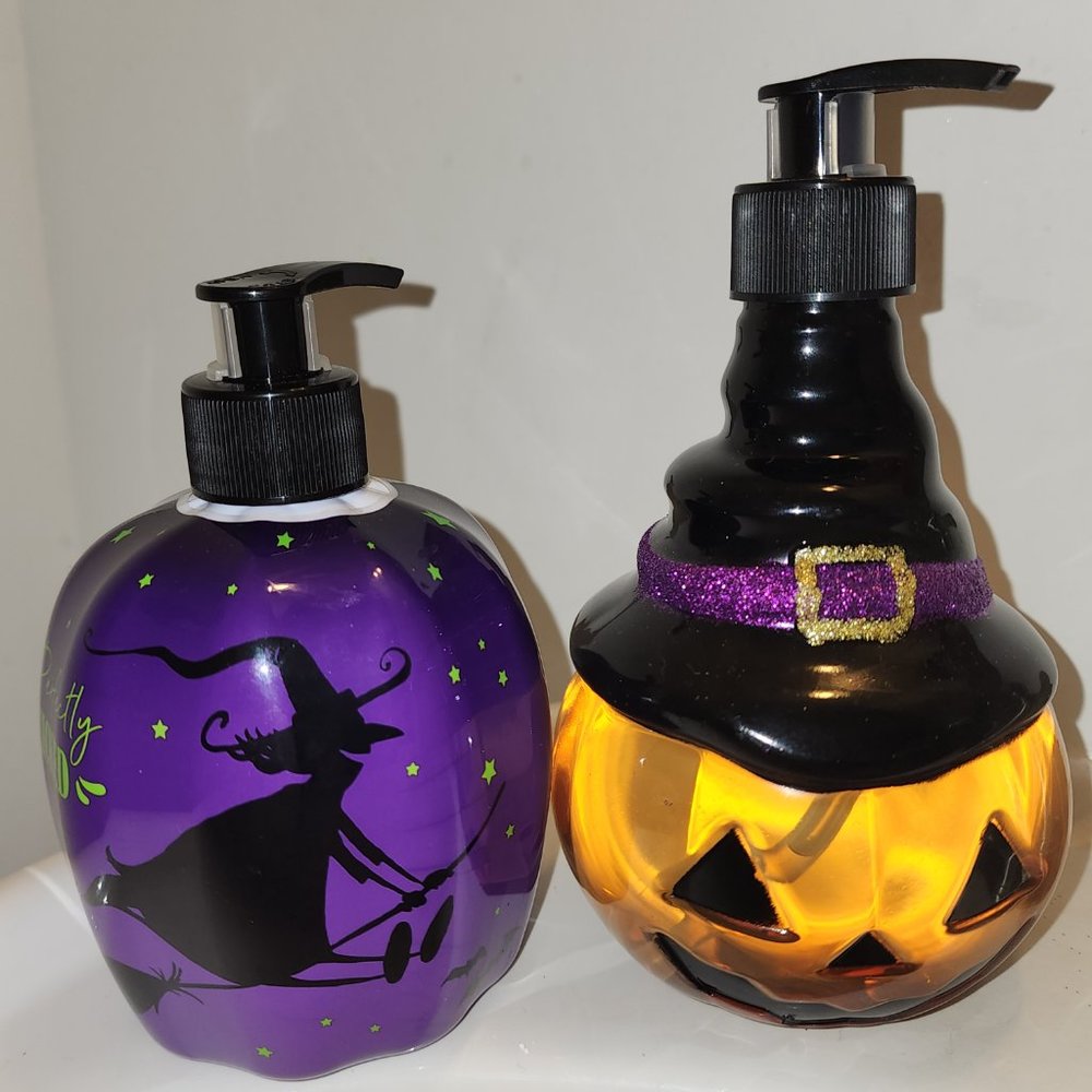 (2) NWT Witch Theme Refillable Hand Soap Dispenser Filled with Scented Soap
